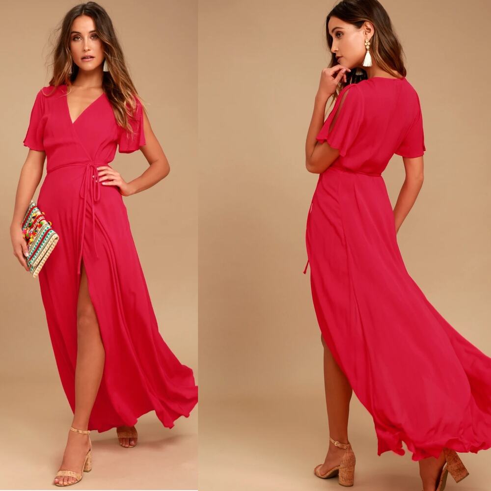 Lulus Much Obliged Red Wrap Maxi Dress Size XS